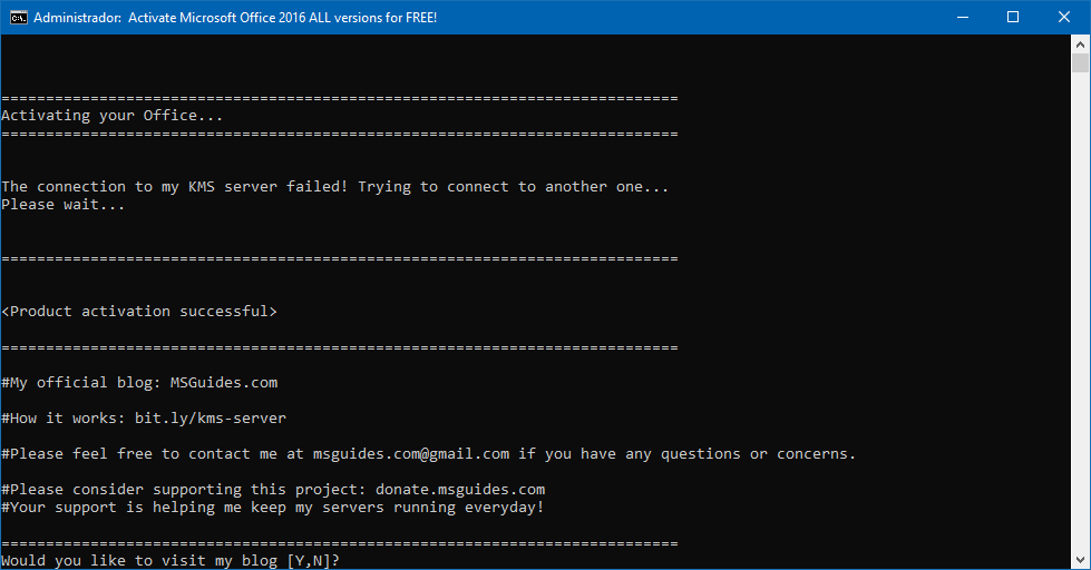 Captura del mensaje que dará al haberse activado correctamente